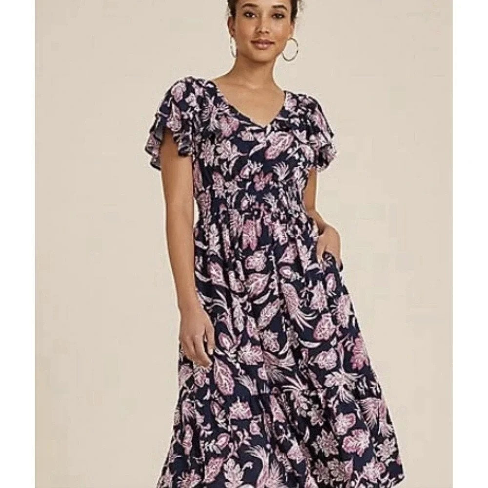 1242-Maurices Maxi Dress-Navy Ruffled Bird Boho XXL- NWt