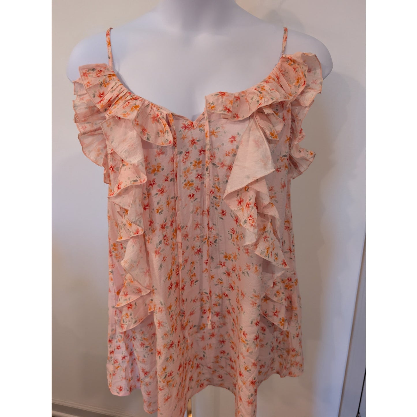 1154 - H & M Floral Ruffle Cami Top Pink Sheer Boho - NWT - Size Large