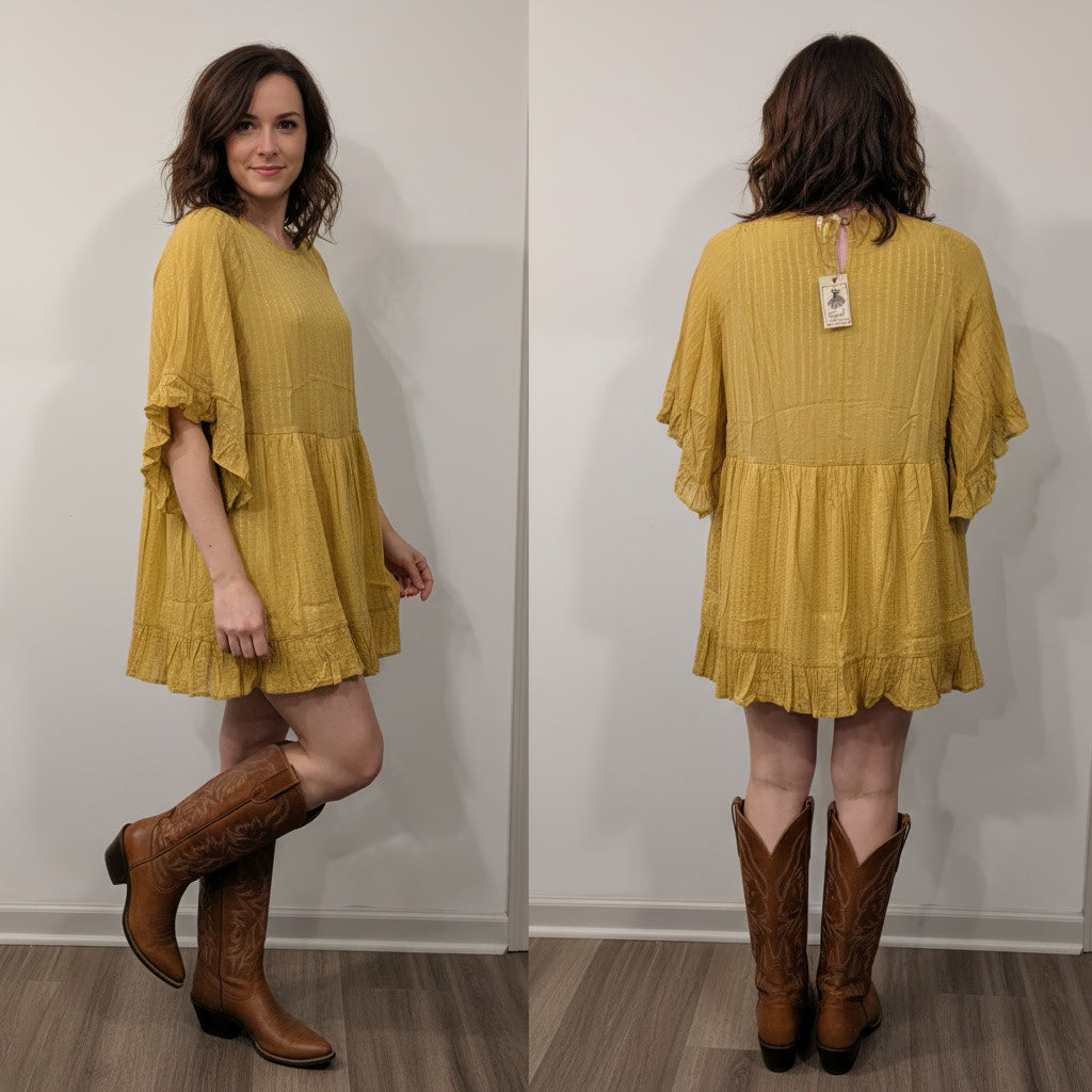 1412 - Easel Babydoll Mustard Dress - Size Small - NWT