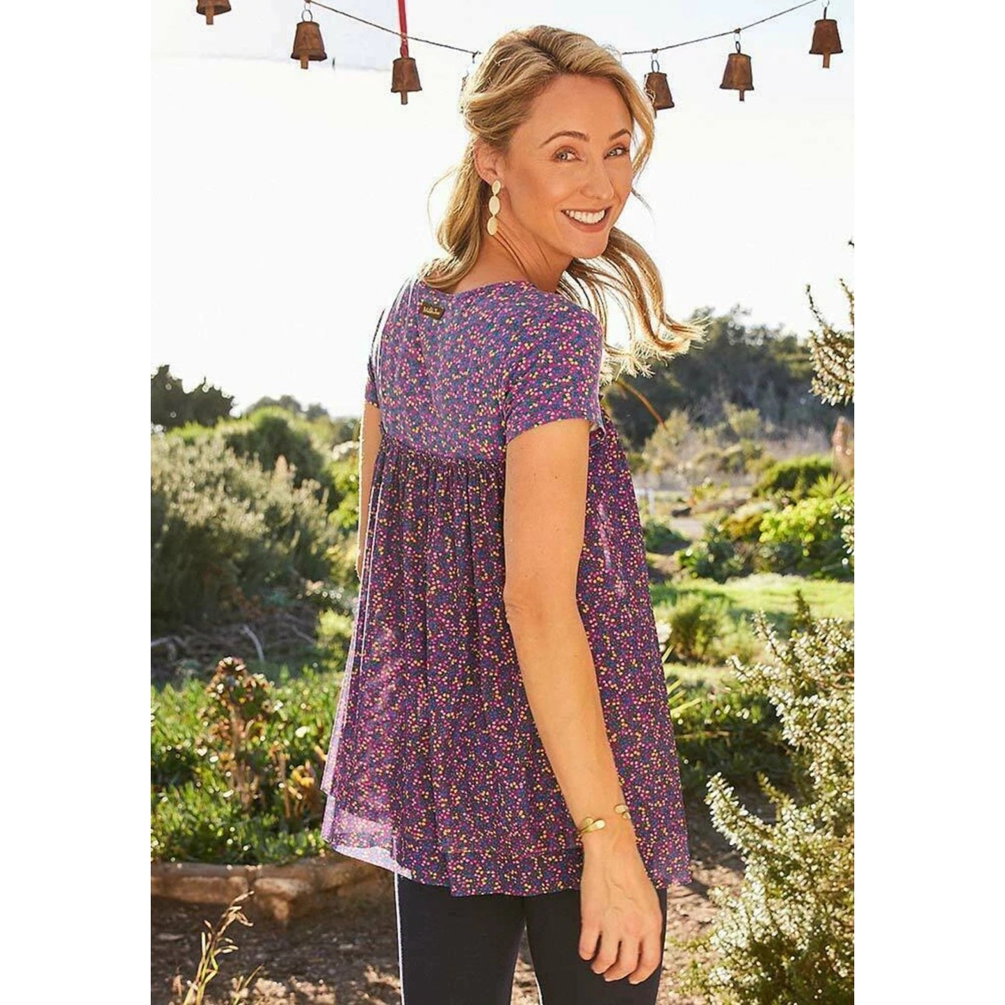 1139 - Boho Floral Babydoll Tunic Top Purple Pink Short Sleeve - New with Tag