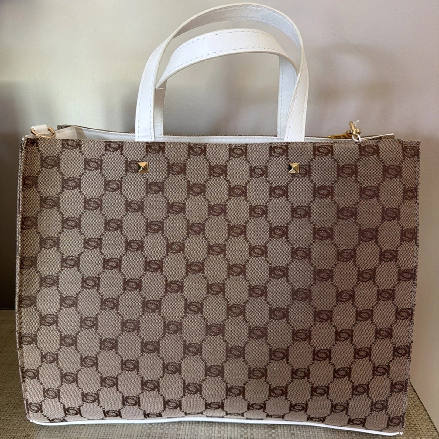 1121 - Bebe Los Angeles Monogram Tote Bag White Brown Logo - NWT