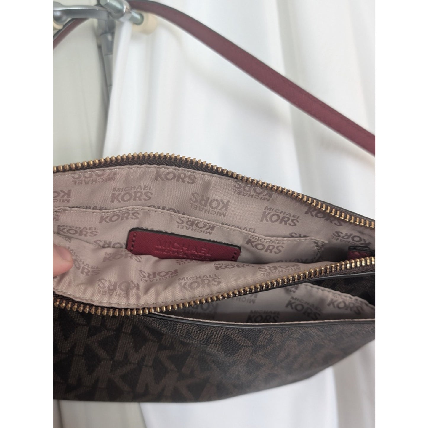 1062 - Michael Kors Monogram Crossbody Bag Burgundy Trim Wristlet