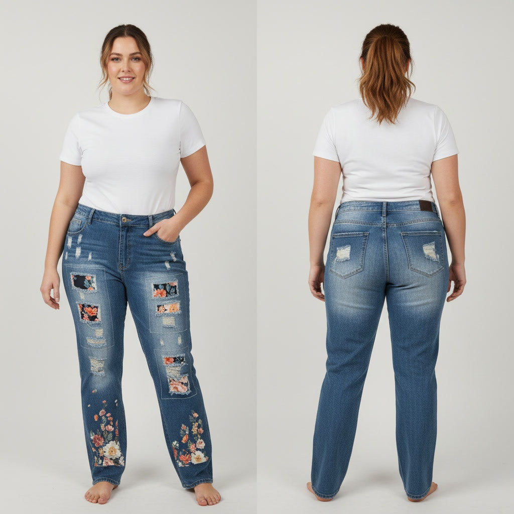 1323 - Distressed High Rise Straight Leg Jeans With floral design - L