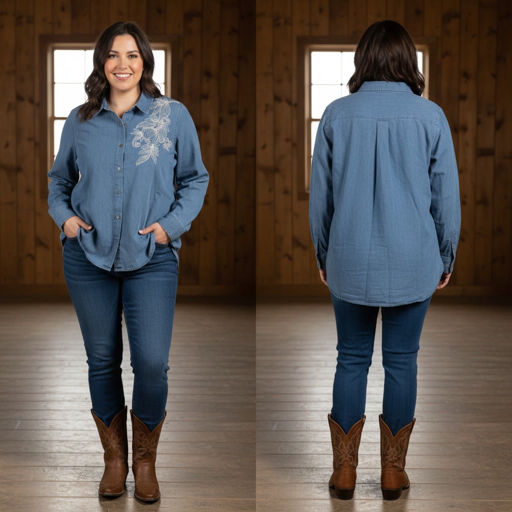 1468  - GV Chambray Shirt with Embroidery - XL