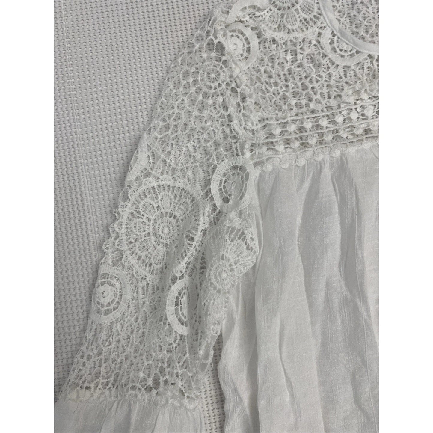 1233-Indigo Rose Blouse with Crochet at neck/sleeves-  Sz M