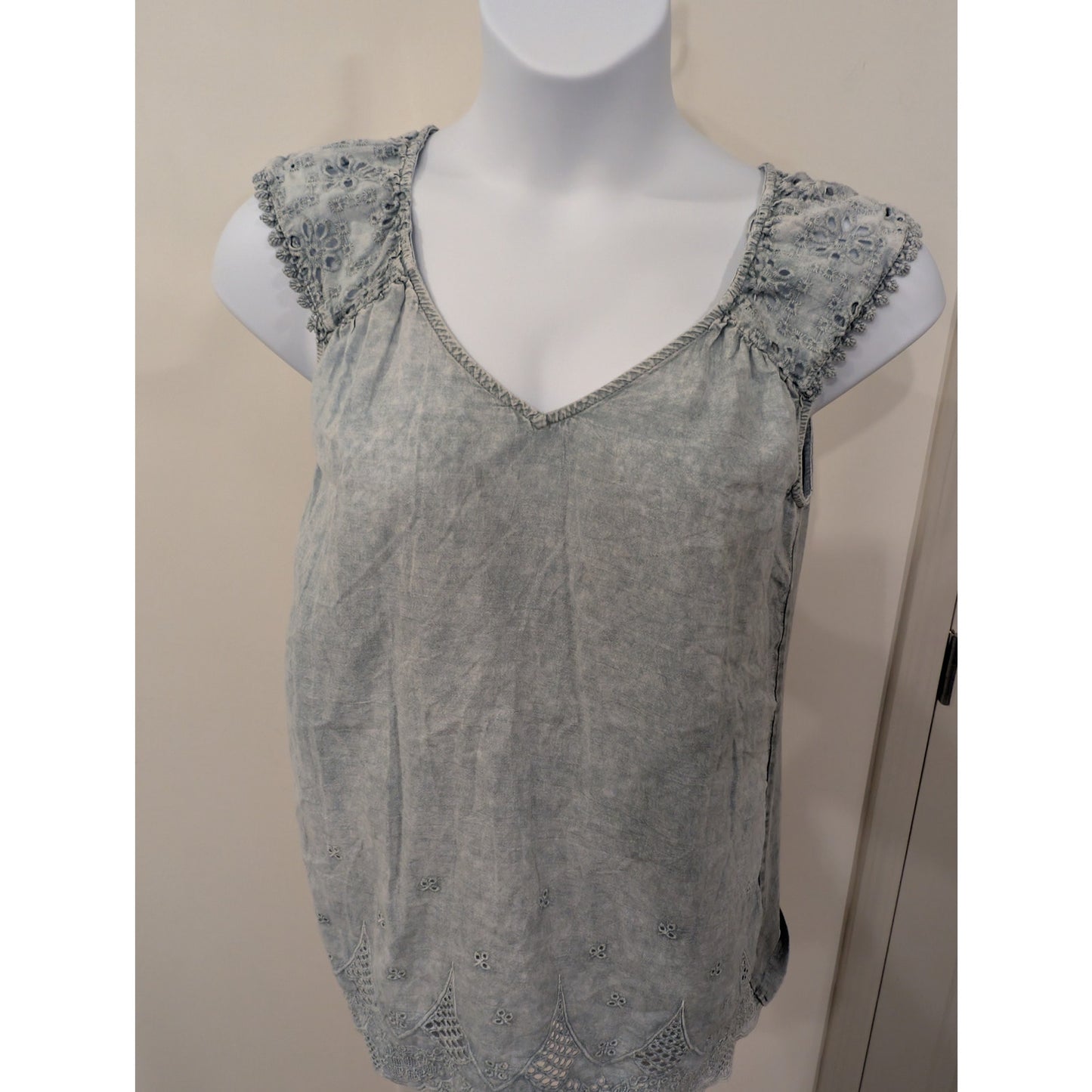 1379 - Easel Mineral Washed Tank with Flutter Sleeves - Blue/Gray - Small