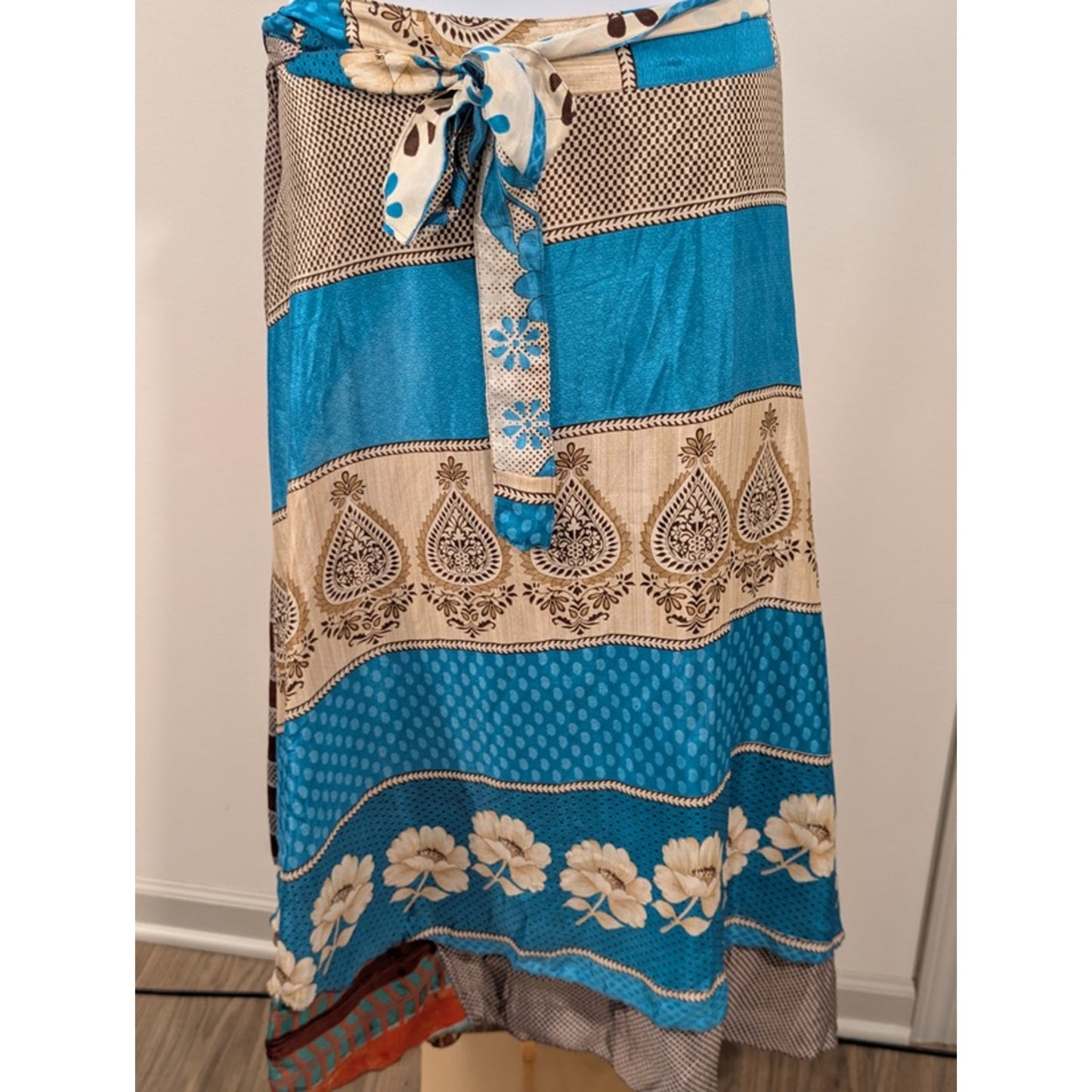 1144- Boho Paisley Wrap Skirt Blue Beige Floral Print - NWT - One Size