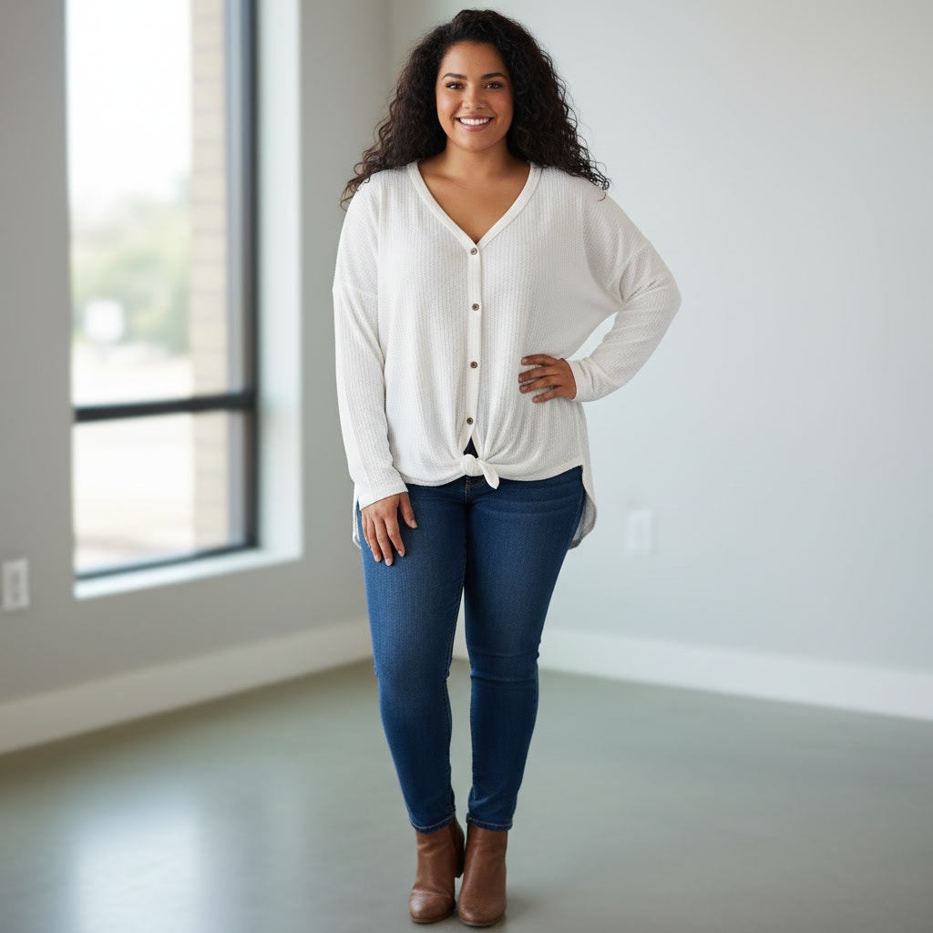 1319 - Orlik Waffle Knit Button Down Top with front tie- Size 1XL - NWT