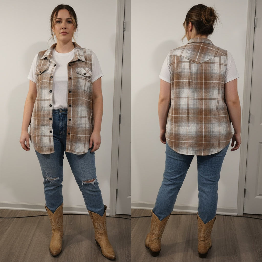 1500 - Plaid Brown White and Gray Sleeveless Shacket - 3X