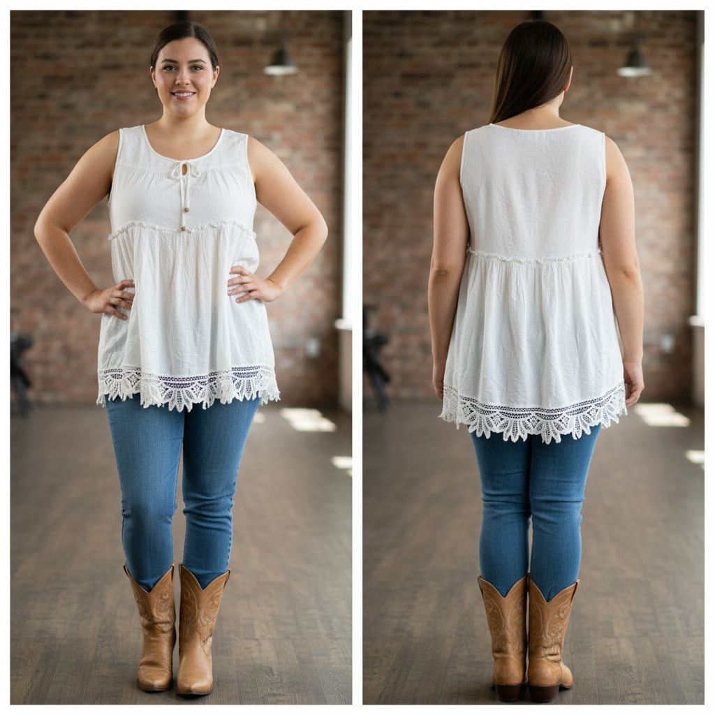 1489 - Umgee Sleeveless Micro Swiss Dot blouse with Battenburg lace - Large