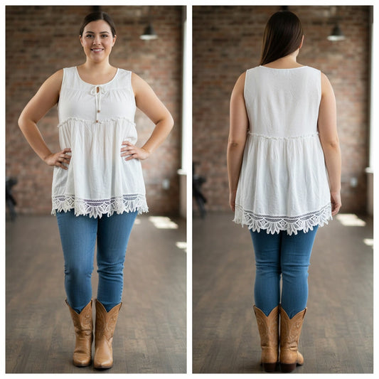 1489 - Umgee Sleeveless Micro Swiss Dot blouse with Battenburg lace - Large