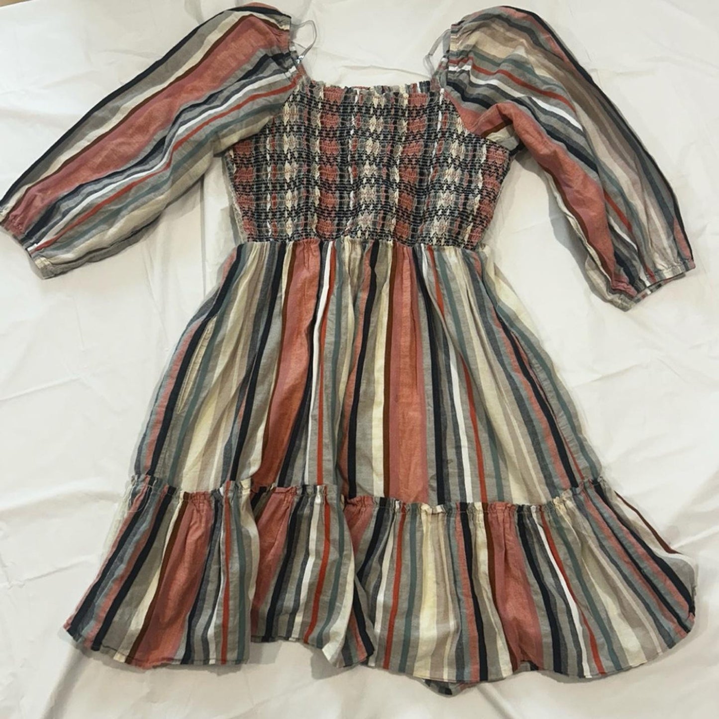 1090 - Kate & Sam Striped Smocked Puff Sleeve Dress Boho Midi - New - Large