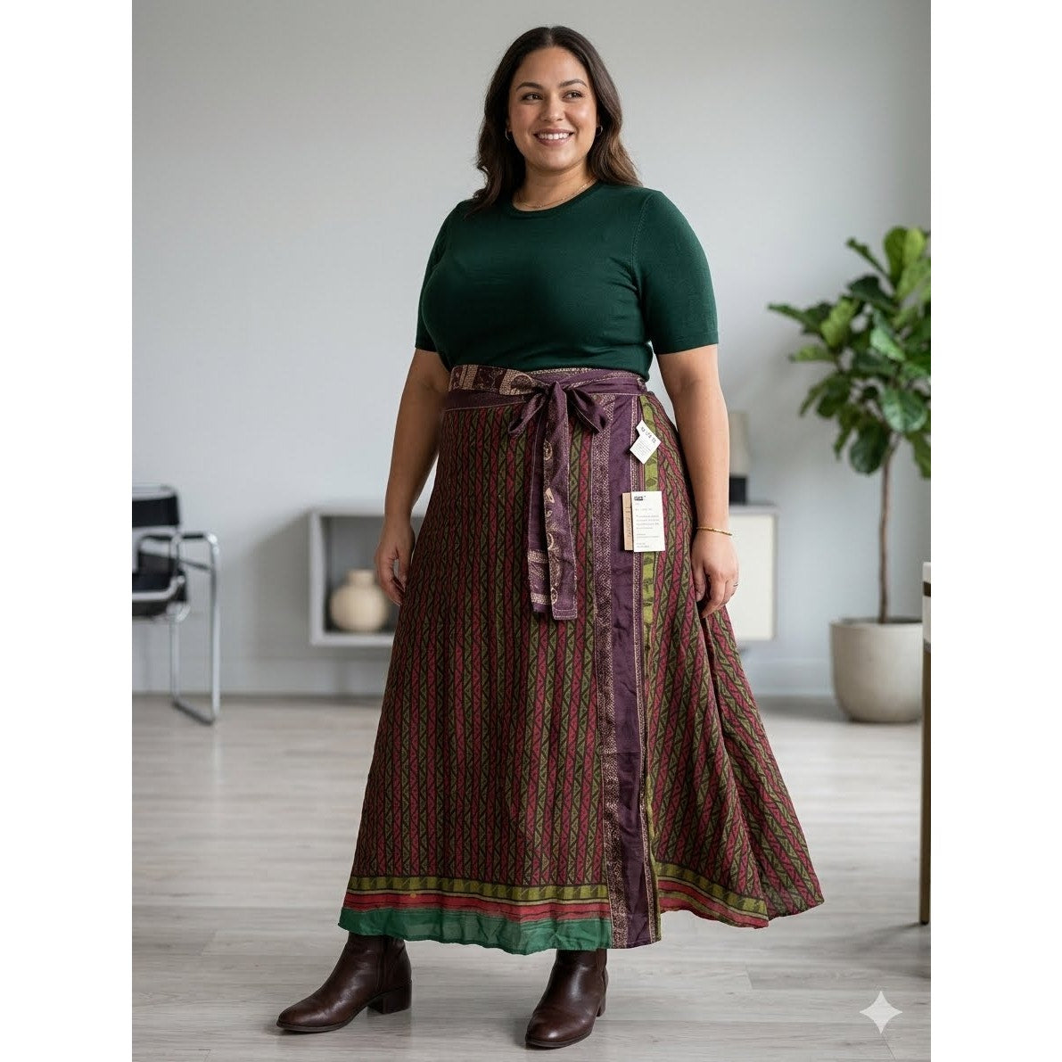 1152 - JackpoBoho Printed Wrap Skirt Tie Waist Maxi Midi Red Green Purple - NWT