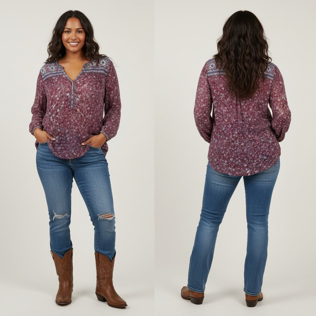 1497 - Lucky Brand Semi Sheer Patterned V Neck Blouse - 2x