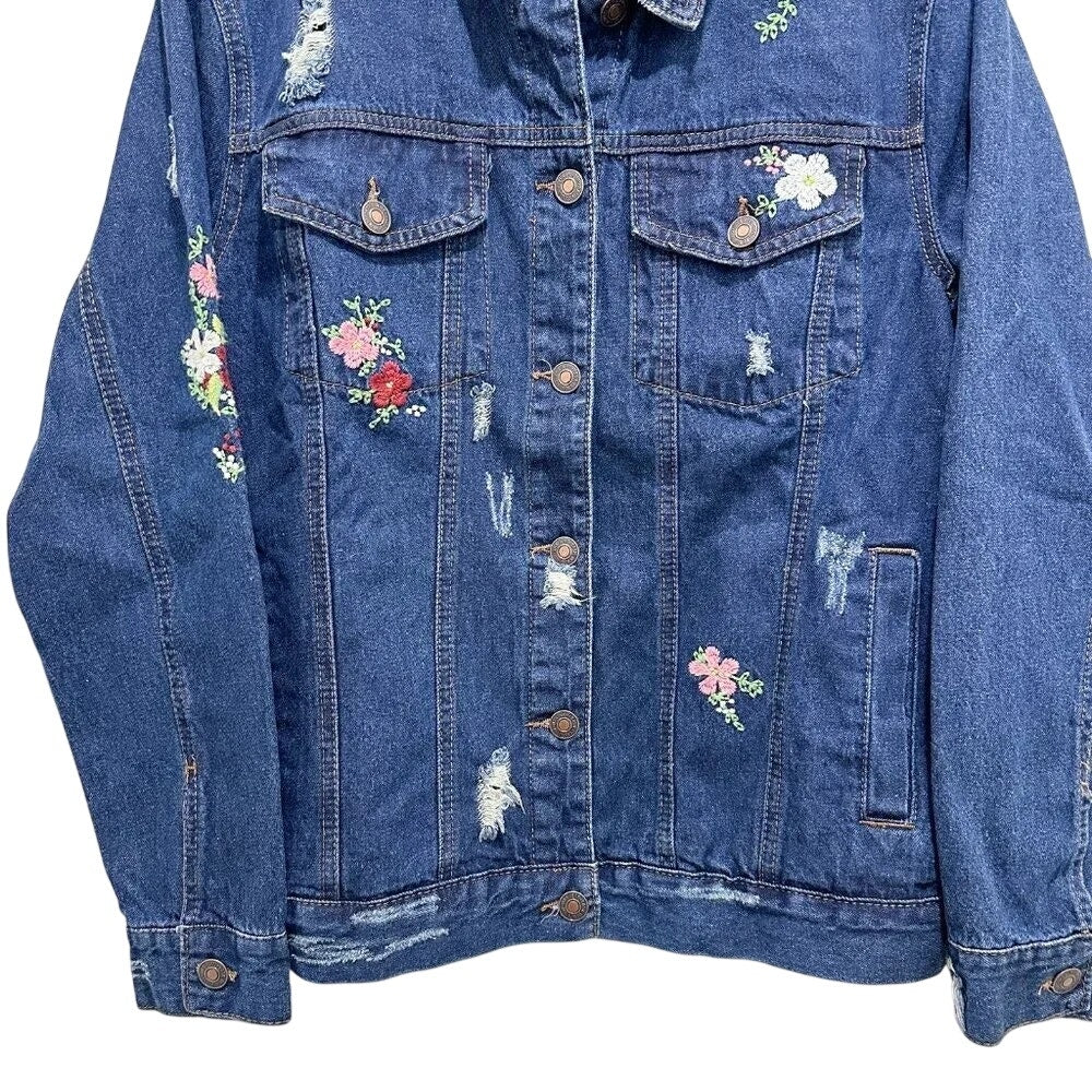 1251-Wax Jean Floral Embroidered Denim Jacket- Medium