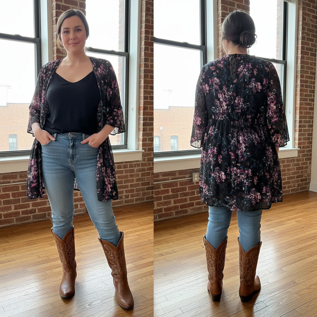 1493 - Torrid Black with Floral and Swiss Dots Kimono - Size 00