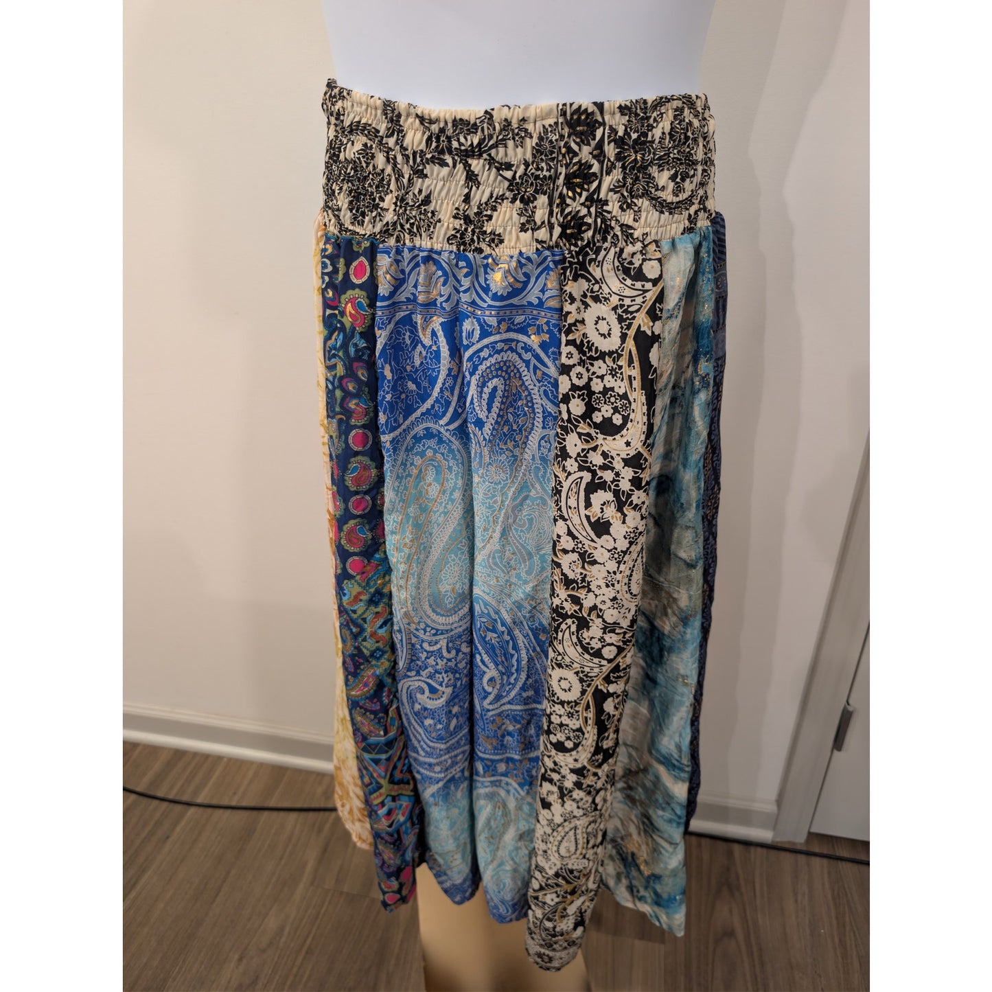 1370 - POL Boho Patchwork Silk Palazzo Pants: Handmade Hippie Trousers