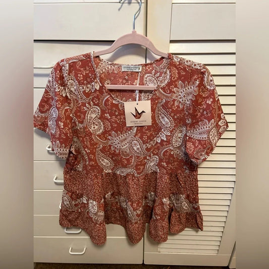 1077 - Paper Crane Paisley Peplum Blouse Rust - NWT SMALL
