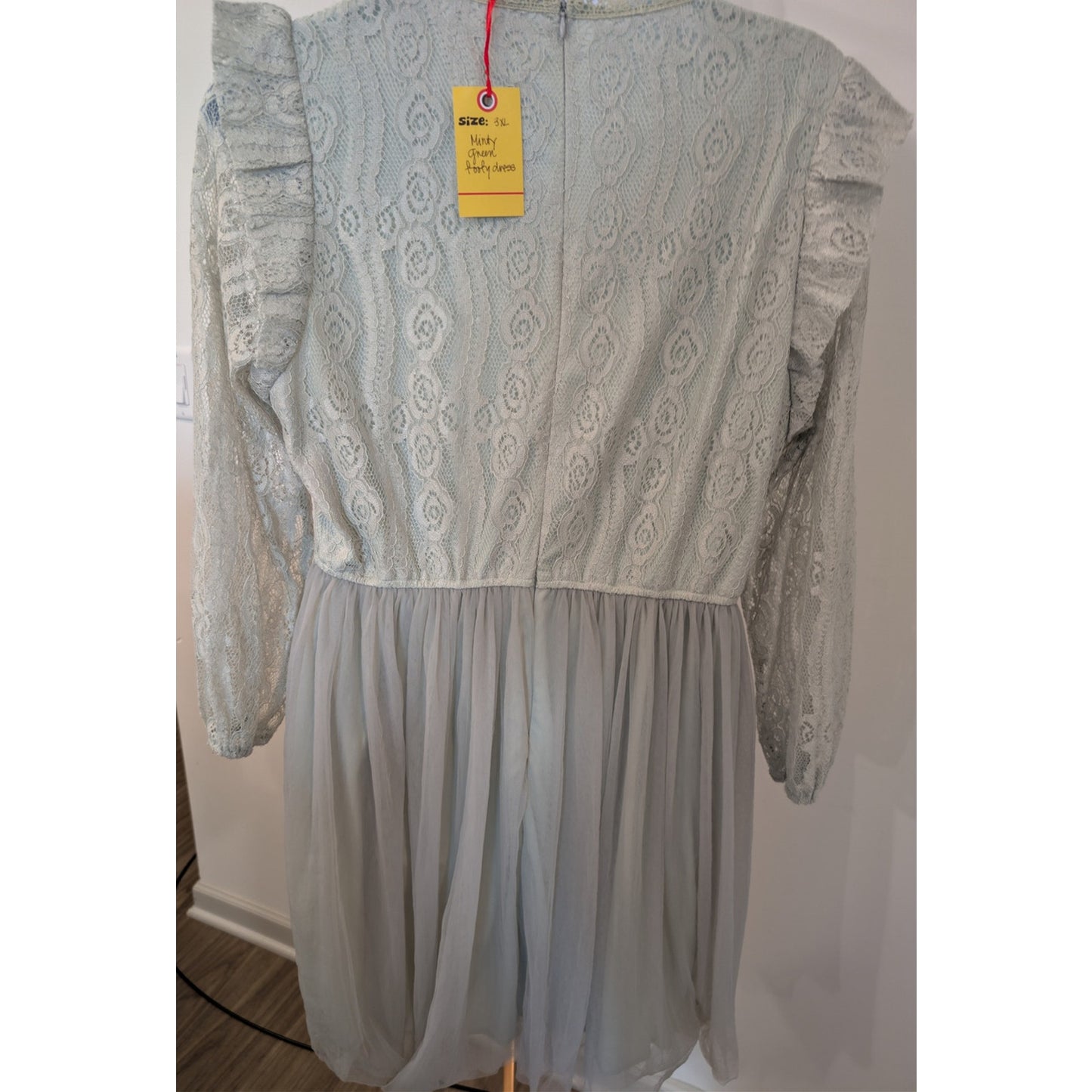 1052 -  Lace Dress Sheer Puff Sleeve MInt green with Gray Tulle Size 3XL