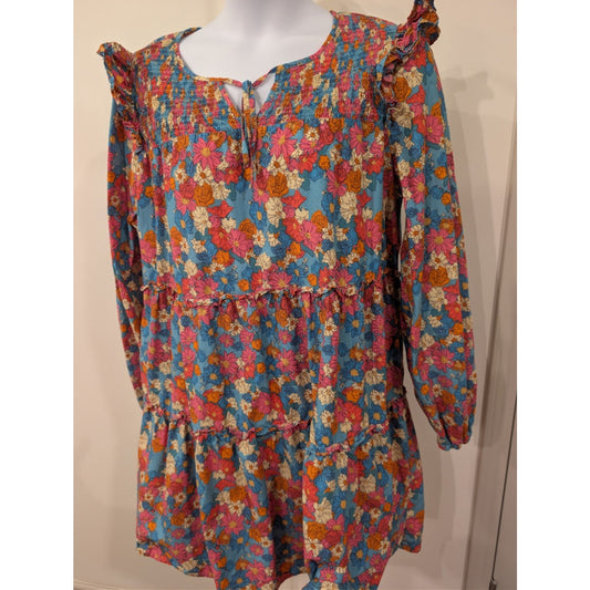 1048 - ODDY Floral Smocked Dress Long Sleeve Ruffle Blue Pink 2X