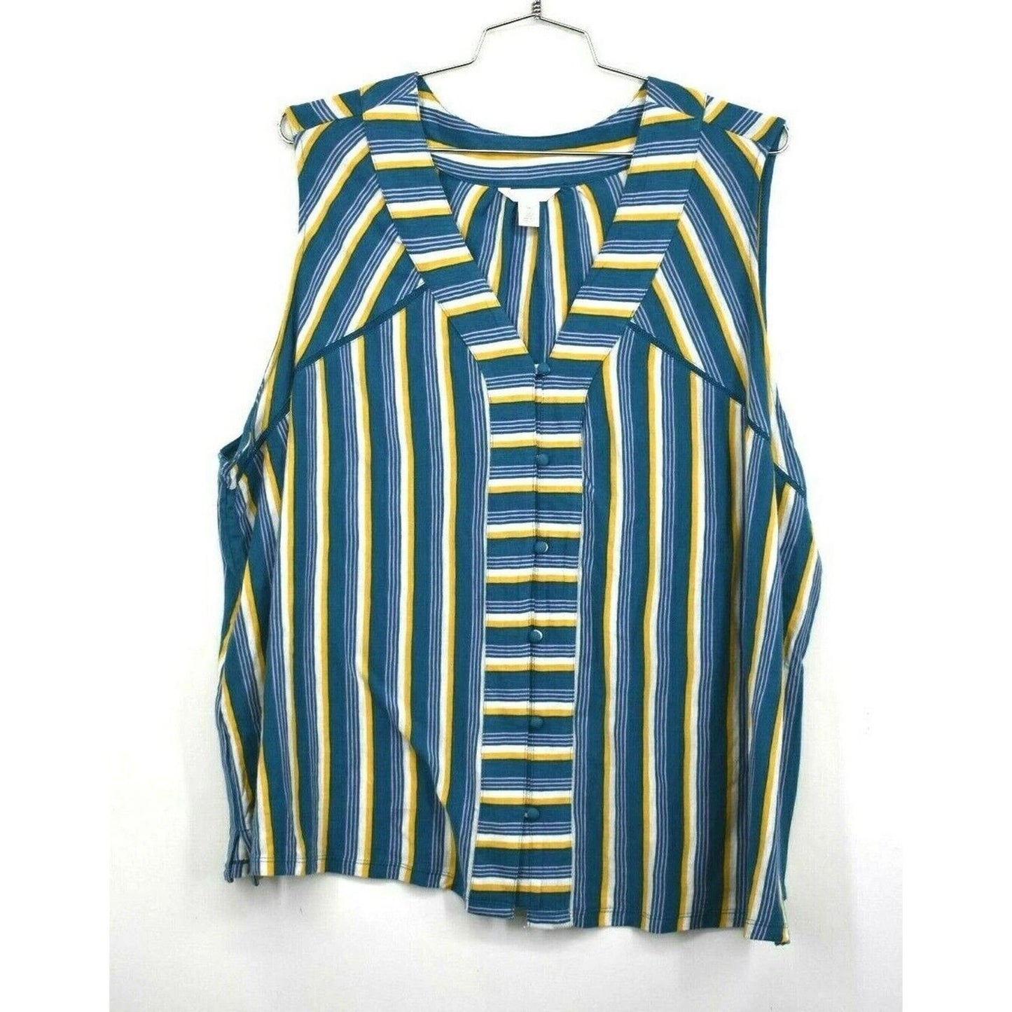 1092 - Caslon Striped Sleeveless Button Front Blouse Boho Blue Yellow NWT - 3X
