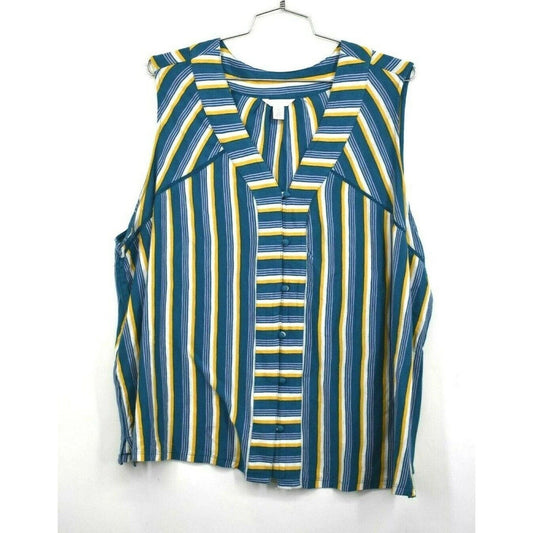 1092 - Caslon Striped Sleeveless Button Front Blouse Boho Blue Yellow NWT - 3X