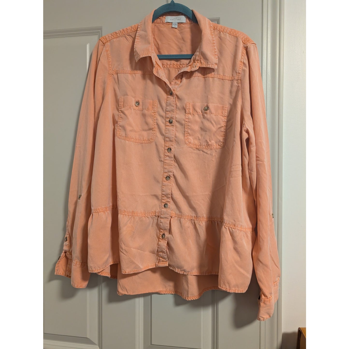 1478 - New Directions Salmon Button Down Shirt with ruffle - XXLu