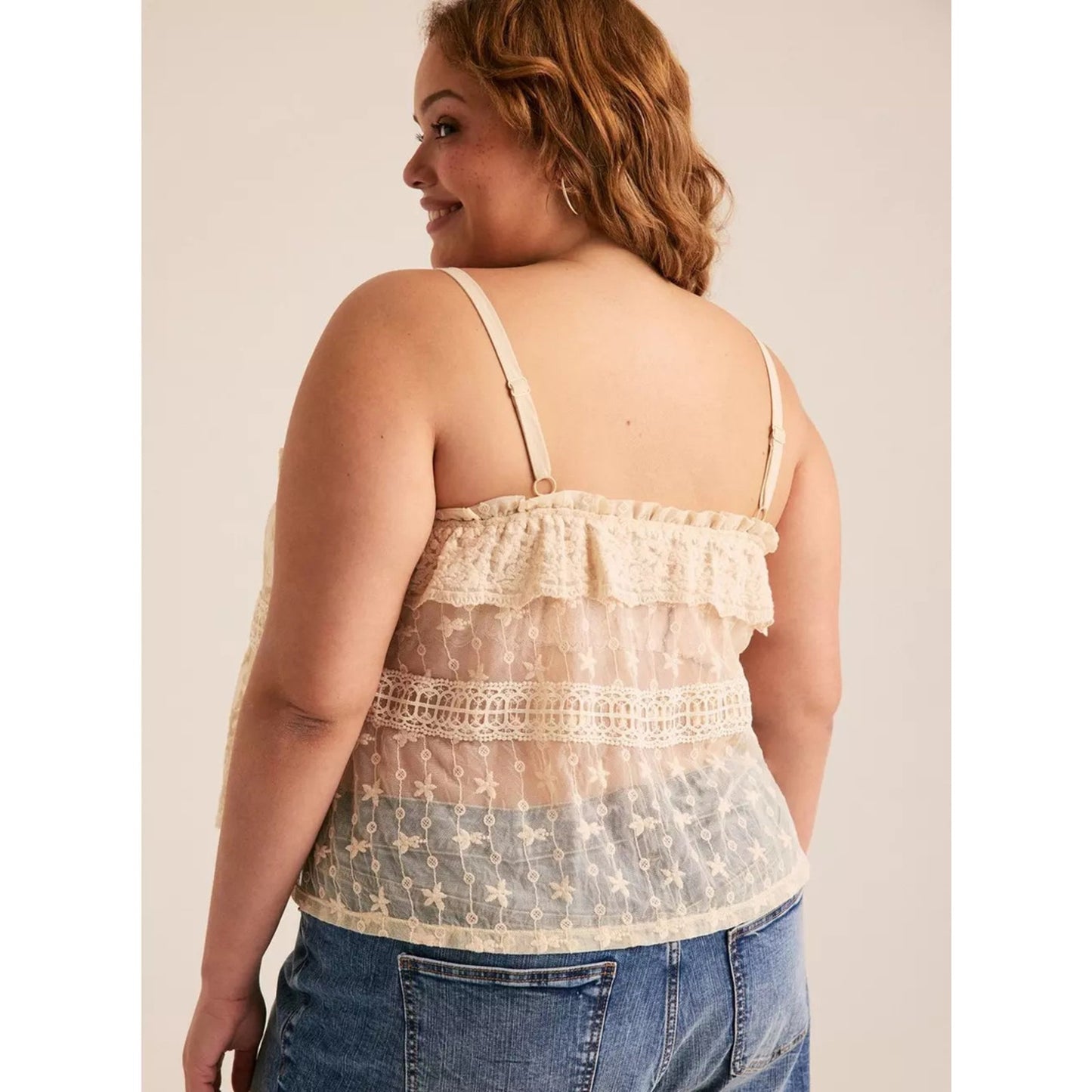 1075 - Torrid Boho Lace Mesh Ruffle Cami Cream - NWT -Size 3