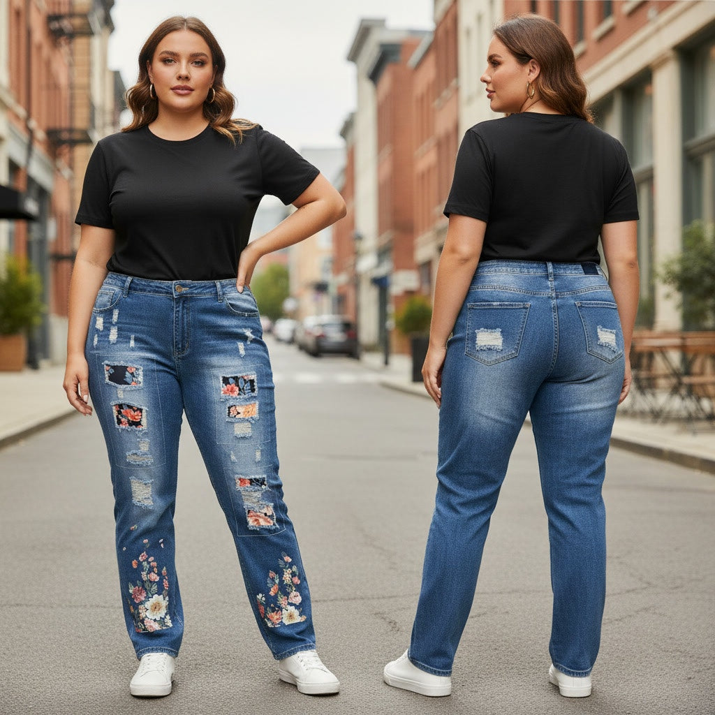 1310 - Distressed High Rise Straight Leg Jeans With floral design - XXL