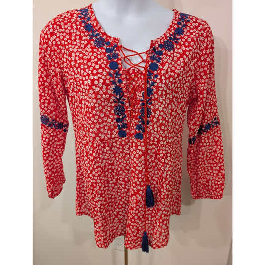1046 - Solitaire Boho Floral Lace Up Peasant Blouse Red Blue NEW