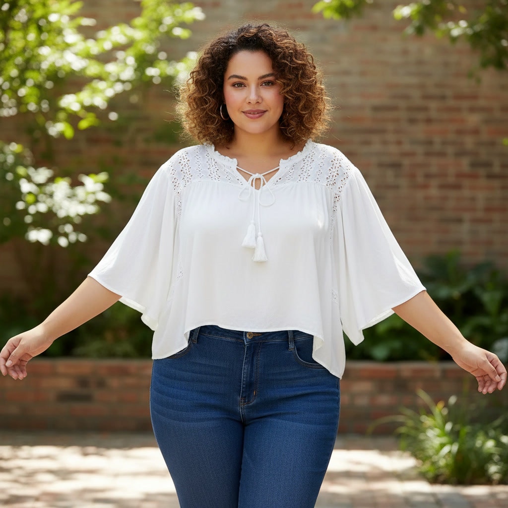 1326 - Rain White Eyelet Crop Blouse - Size 2X