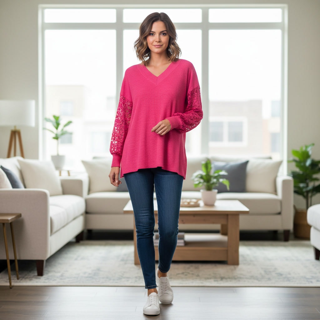 1347 - BiBi Hot pink waffle knit blouse with lace sleeves - XL