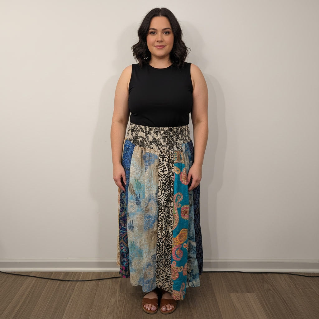 1370 - POL Boho Patchwork Silk Palazzo Pants: Handmade Hippie Trousers
