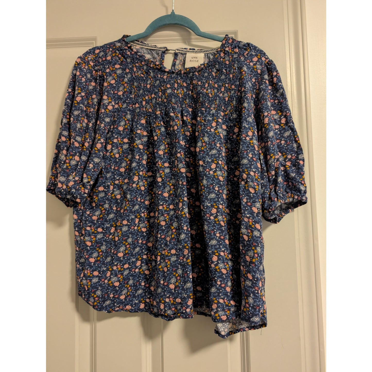 1539 - Knox Rose Smocked Navy with Floral Blouse - XL