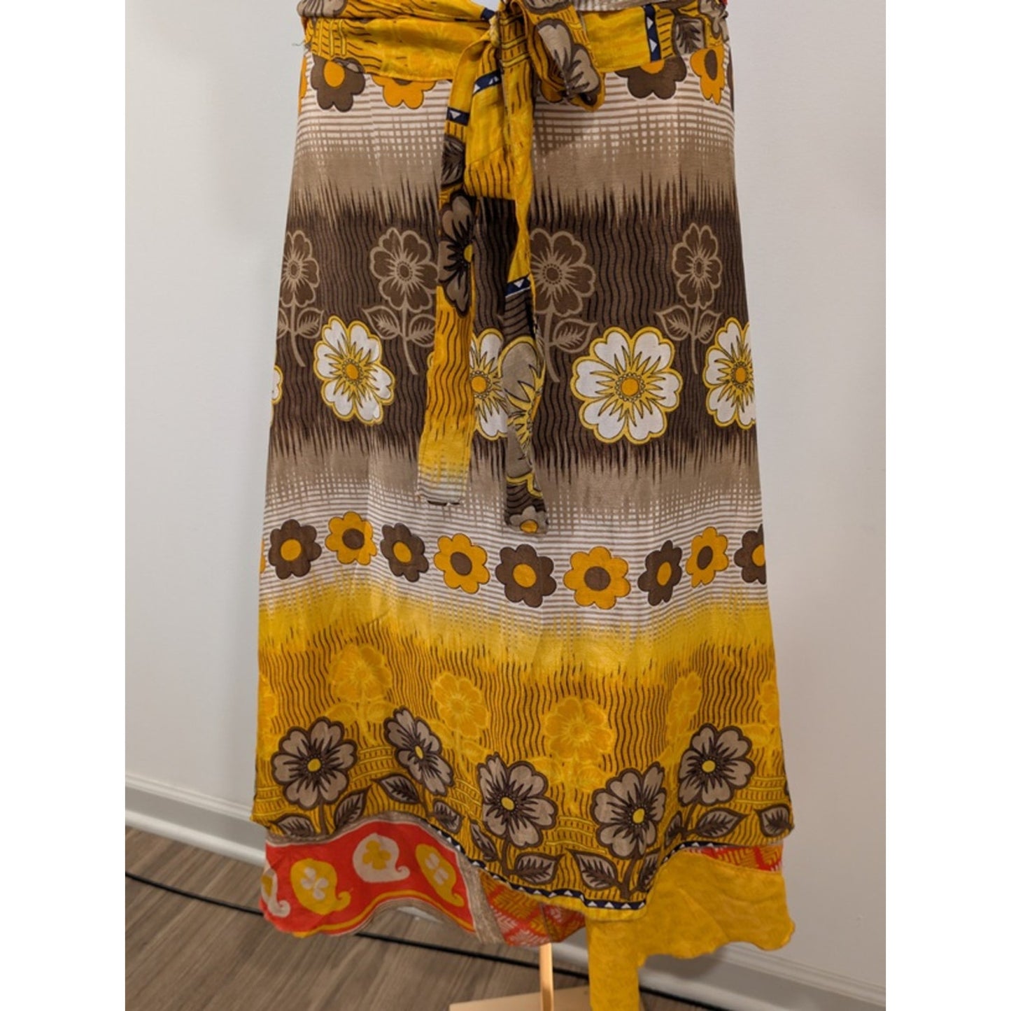 1151- Jackpot Floral Wrap Skirt Yellow Brown Boho Maxi - NWT - One Size