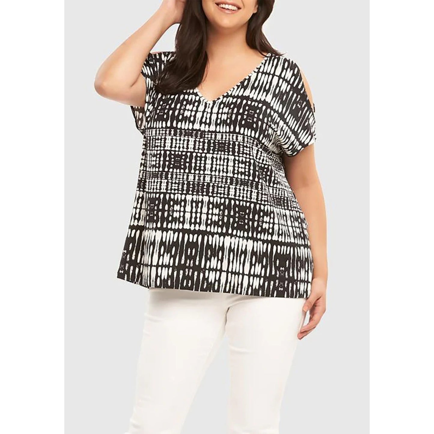 1098 - TART Boho Abstract Print Cold Shoulder Tunic Top Black White - NWT - 3x