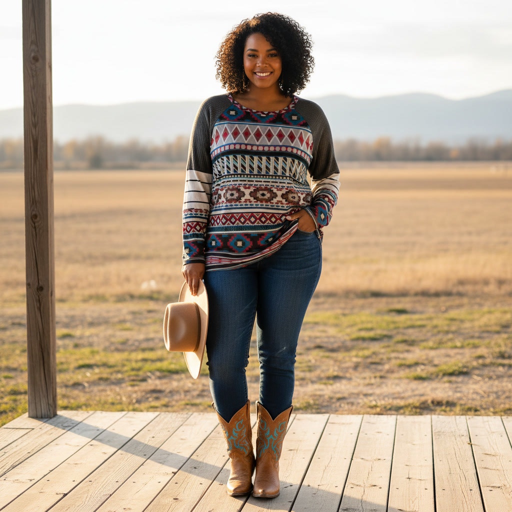 1473 - Bloomchic Aztec print with waffle knit sleeves - 26-30 - NWOT