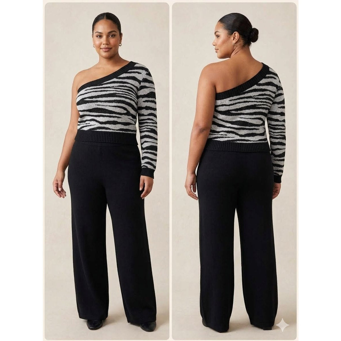 1115 - EASEL Zebra Print One Shoulder Knit Sweater Black White Retro - New - M
