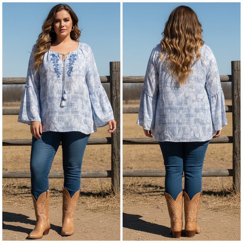 1496 - Lee White and Blue Blouse with Embroidery - 3x