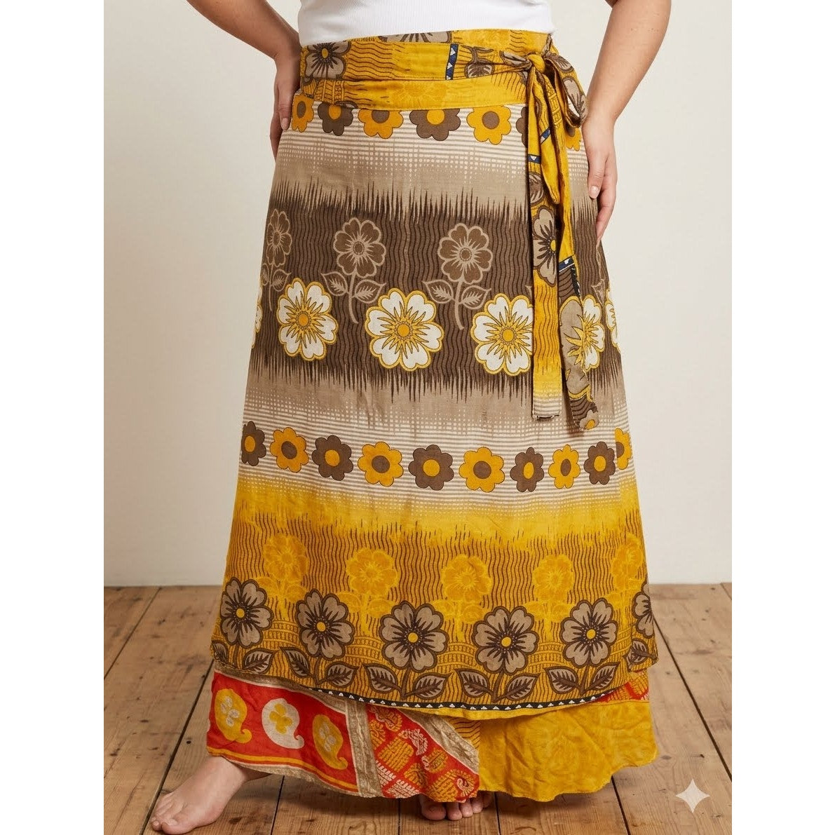 1151- Jackpot Floral Wrap Skirt Yellow Brown Boho Maxi - NWT - One Size