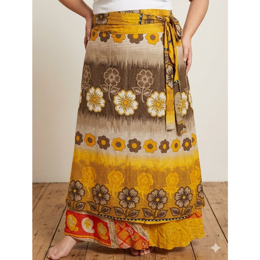1151- Jackpot Floral Wrap Skirt Yellow Brown Boho Maxi - NWT - One Size