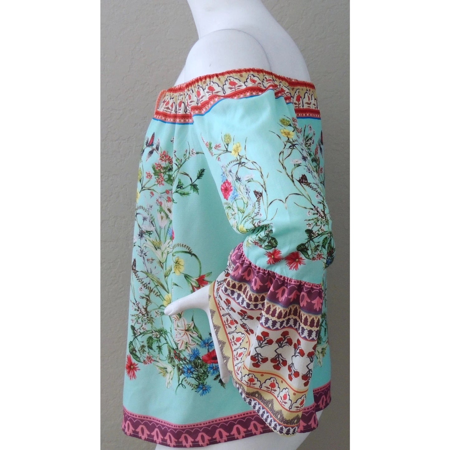 1117 - UMGEE Boho Floral Off Shoulder Blouse Teal Bell Sleeve One Size - 2XL