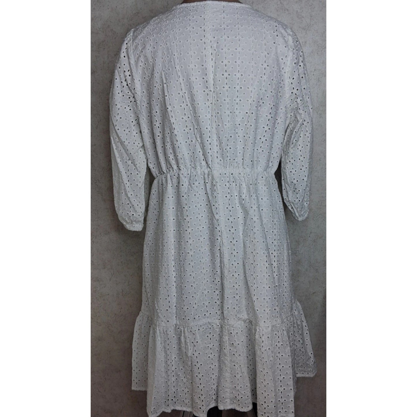 1112 - Isabel White Eyelet Cotton Babydoll Dress Puff Sleeve Ruffle Hem - NWT -L