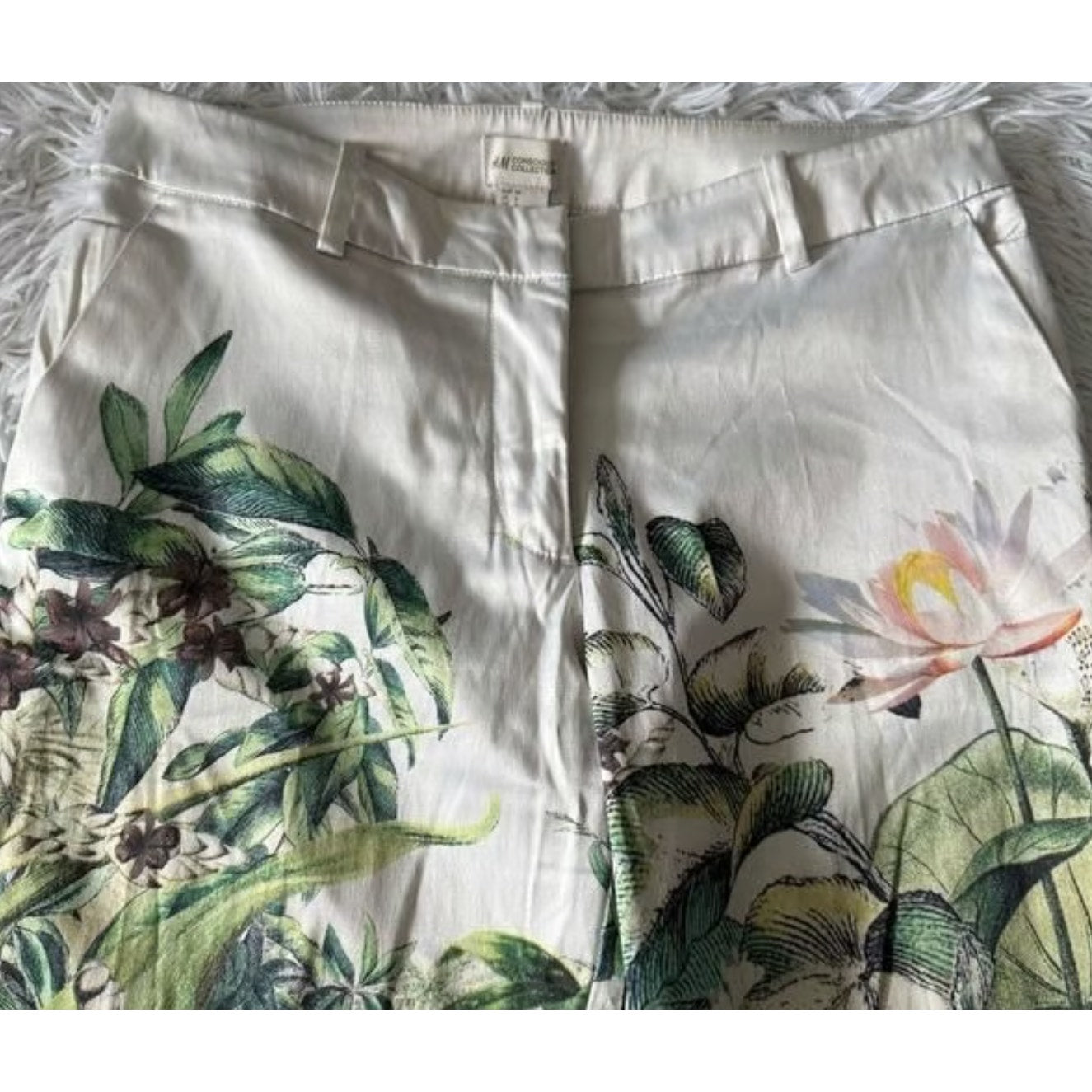 1104 - Floral Print Straight Leg Pants Womens Cream Green Boho - New - Size 14
