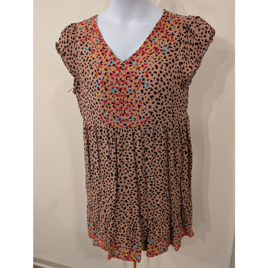 1044 - SAVANNAH JANE Boho Leopard Print Embroidered Tunic L