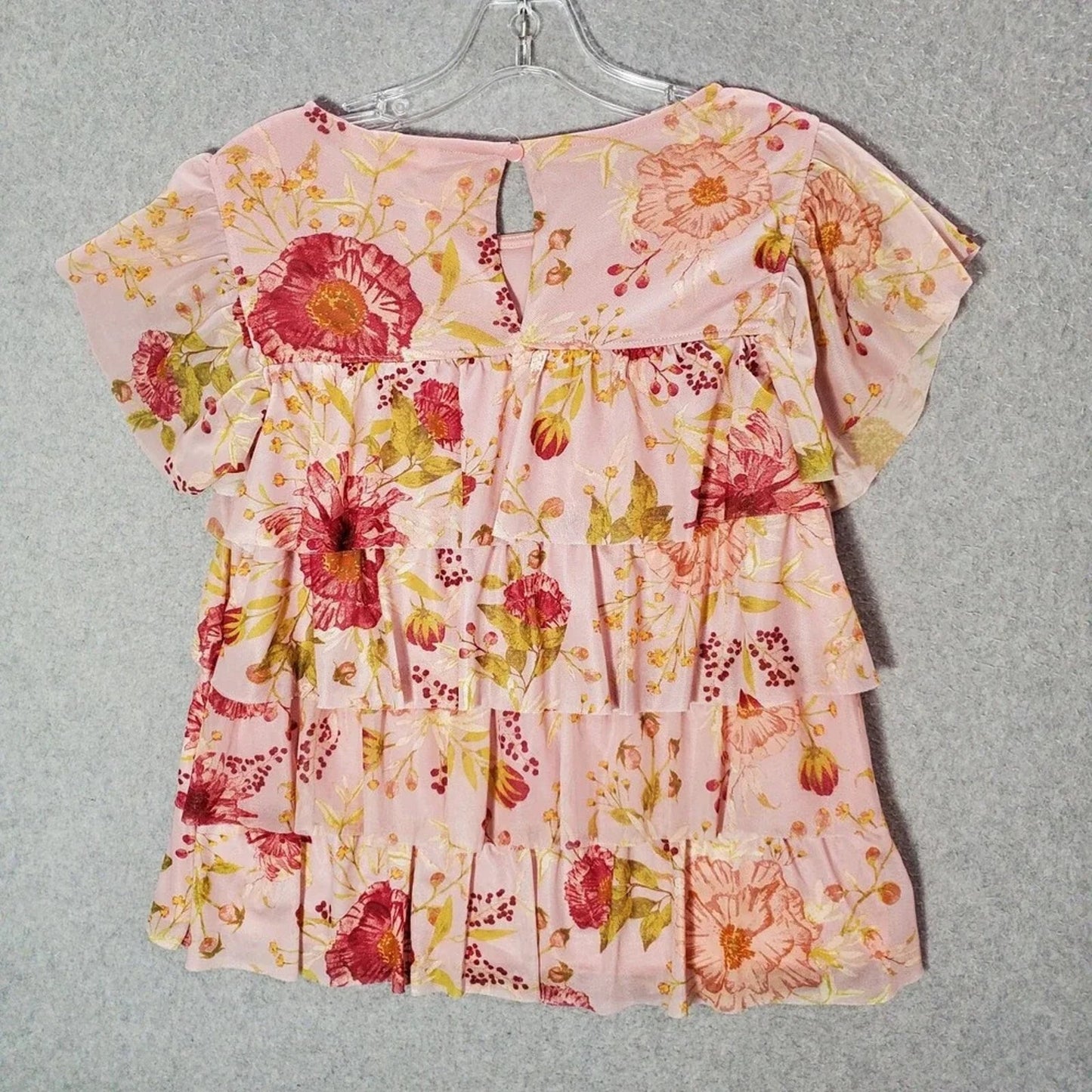 1113 - Lauren Conrad Pink Floral Tiered Ruffle Blouse Womens - NWT - Size M