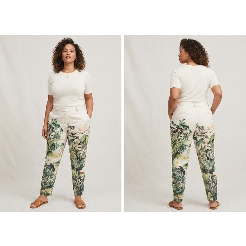 1104 - Floral Print Straight Leg Pants Womens Cream Green Boho - New - Size 14