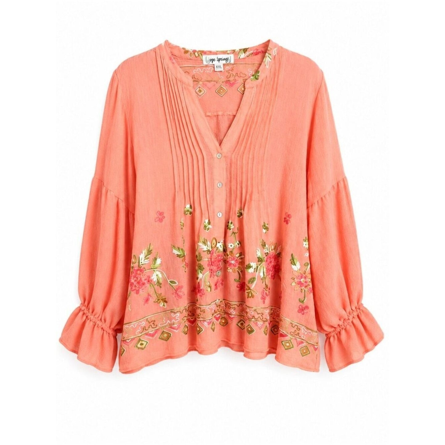 1087 -Hope Springs Coral Floral Embroidered Blouse -NEW- Med