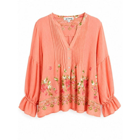 1087 -Hope Springs Coral Floral Embroidered Blouse -NEW- Med