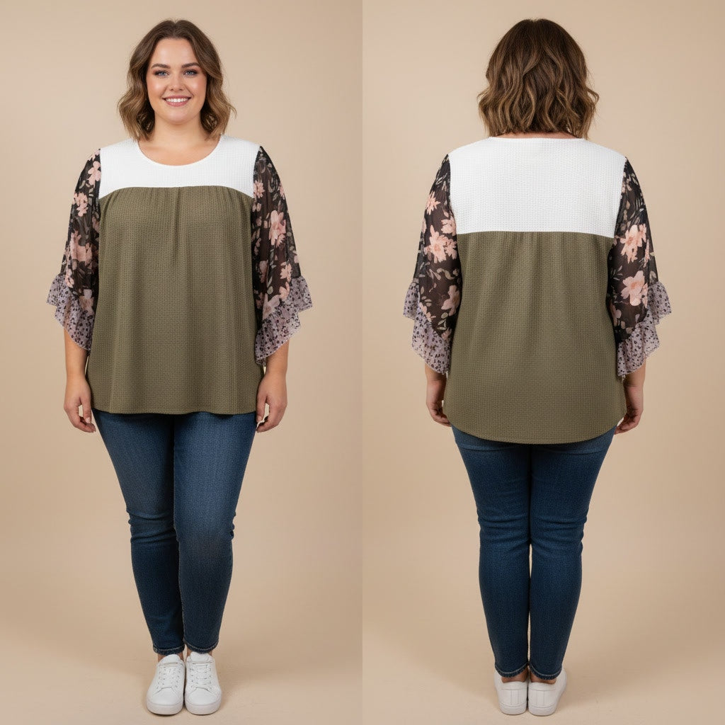 1295 - Beautiful Boho Blouse - Waffle knit - Shear Sleeves - XL